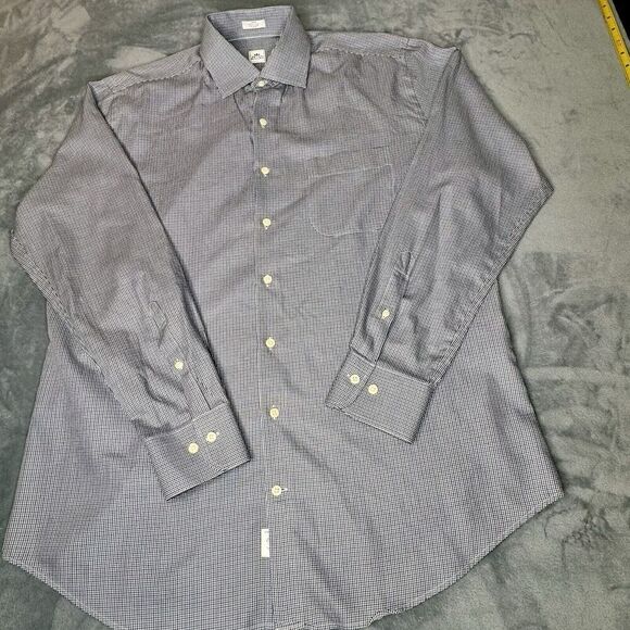Peter Millar Men Sz L Button Down Shirt Long Sleeve Plaid Houndstooth Blue Brown - Picture 4 of 16